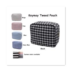 New Style Small MOQ Ladies Custom Logo Skincare Beauty  Cases Cosmetiquera Travel Organizer Check Net Tweed Cosmetic Bag