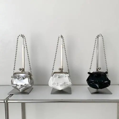 Wholesale fashion mini clip chain bag Bow bead chain shoulder bag  PU leather cute lipstick bag for girl