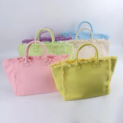 Keymay Stock 6 Multi Colors Handbag for Women Large Capacity Travel Grocery Bag Waterproof Canvas with Pockets Fringe tote bag