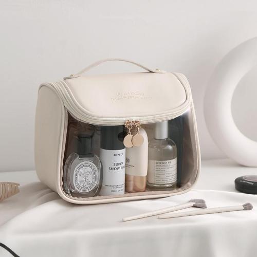 Custom Logo PU PVC Wash Portable Makeup Bag Handle Storage Cosmetic Bag Large Hanging Clear Travel Toiletry Bag