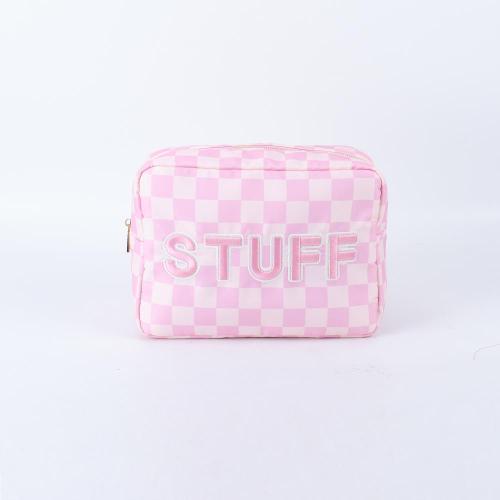 Nylon Make Up Zipper Pouch XL Size Pink STUFF Embroidered Waterproof Durable Travel Toiletry Bag Girls Women Nylon Makeup Bag