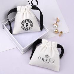 Custom Logo Printed Mini Cotton Canvas Jewelry Bag Drawstring Brush Canvas Earring Ring Packing Jewelry Pouch