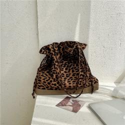 Wholesale women's creative casual rope frilly shopping bag fashion leopard print single shoulder bag nylon patchwork canvas tote