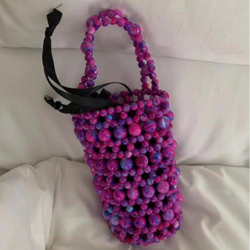 2024 Fashion Mini Acrylic Beaded Woven Handbag Contrast Color Design One Shoulder Crossbody Braided Bucket Bag Women