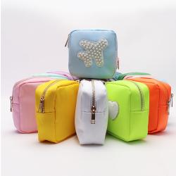 Keymay Bridesmaids Gift Cute Small Coin Purse Key Case Personalized Chenille Letter Patch Nylon Bag Make up Pouch Cosmetic Bag