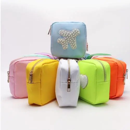 Keymay Bridesmaids Gift Cute Small Coin Purse Key Case Personalized Chenille Letter Patch Nylon Bag Make up Pouch Cosmetic Bag