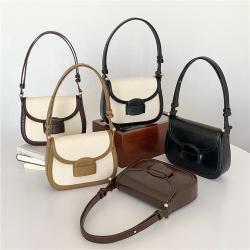 Custom Hard Single Shoulder Handbag Canvas Joining PU Leather Wristlets Hand Bag Ladies Crossbody Bag Fashion Women's Saddle Bag