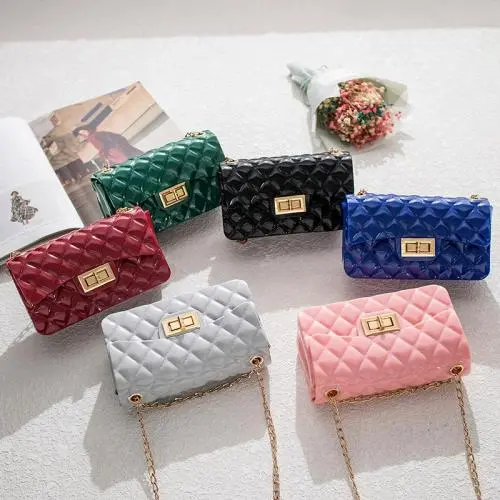 2024 Women's New Fashion Double-Hole Diamond Chain Jelly Bag Fresh Sweet Small Square Cross-Border Shoulder Bag Lady Style