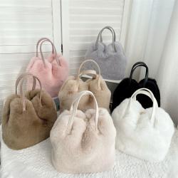 Pure Color Large Capacity Plush Crossbody Bag Artificial Rabbit Hair Bucket Tote Bag Magnetic Button Single Shoulder Handbag