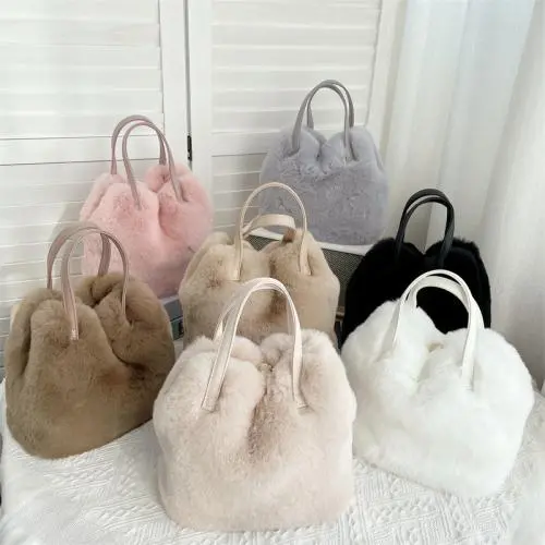Pure Color Large Capacity Plush Crossbody Bag Artificial Rabbit Hair Bucket Tote Bag Magnetic Button Single Shoulder Handbag