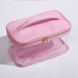 Newest Portable Multi Color Women Pink Transparent PVC Nylon Cosmetic Wash Bag Toiletry Bag Zipper Clear Makeup Bag