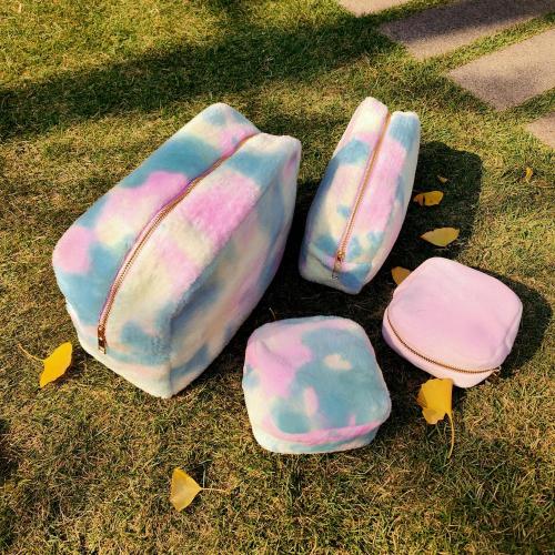 Wholesale Custom Logo Embroidery DIY Letter Patched Fluffy Travel Organizer Terry Cloth Cosmetic Bags Pink Velvet Makeup Bag