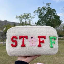 Keymay Multi-color Personalized Letter Patches Winter Teddy Sherpa Teddy Cosmetic Bag Sherpa Cosmetic Pouch Sherpa Makeup Bag