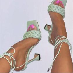 2021 Fashion Women Summer Woven Satin Block Heel Mules Ladies High Heel Square Toe  Dress Party Sandals