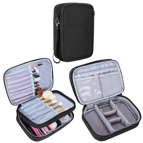 Double Layer Travel Cosmetic Bag Case Makeup Train Organizer Bag with Handle Strap for Makeup Brushes