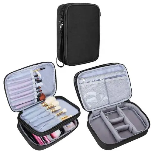 Double Layer Travel Cosmetic Bag Case Makeup Train Organizer Bag with Handle Strap for Makeup Brushes