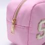 Keymay Custom Chenille Letter Patches Pink Travel Toiletry Zipper Pouch Makeup Bags for Women Cosmetic Bag Wholesale