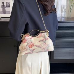 HR384 New Designed Flowers Pattern Dinner Clutch Handbag Fashion Handheld Crossbody Bag Cloth Snap Chain Dating Messenger Bag