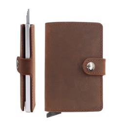 Wholesale Cowhide Leather Aluminum Mens Wallet Crazy Horse Leather Metal Wallet RFID Pop Up Card Holder Wallet
