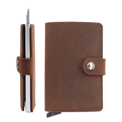 Wholesale Cowhide Leather Aluminum Mens Wallet Crazy Horse Leather Metal Wallet RFID Pop Up Card Holder Wallet