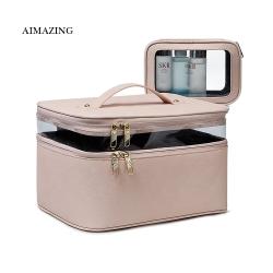 Double Zip Cosmetic Bag Travel Pink Makeup Bag Wholesale Faux Leather Cosmetic Bag Compartments Clear Small Cosmetic Pouch