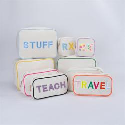 Bright Multi-color Custom DIY Embroidery Letter Patches Gold Zipper Zip Cute Style Natural Pouch Travel Canvas Cosmetic Bag