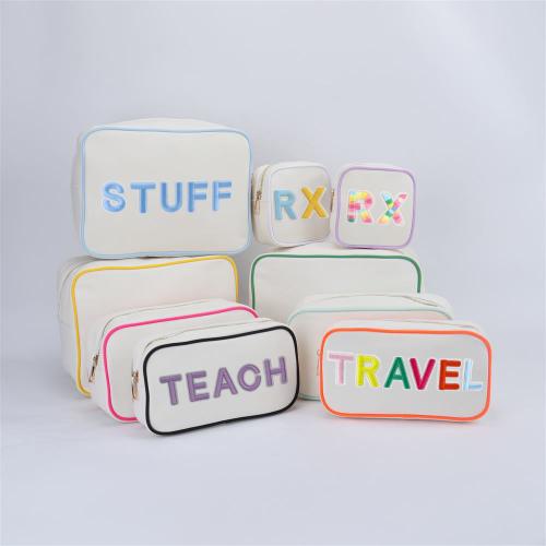 Bright Multi-color Custom DIY Embroidery Letter Patches Gold Zipper Zip Cute Style Natural Pouch Travel Canvas Cosmetic Bag