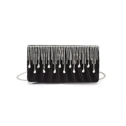 Water drop rhinestone glitter tassel pleated clutch bag for women wedding evening bag