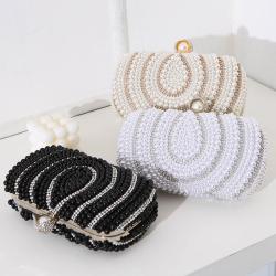 Vintage Ladies Pearl Evening Bag Handmade Bead Embroidery Clutch Bag Diamond Encrusted Banquet Handbag