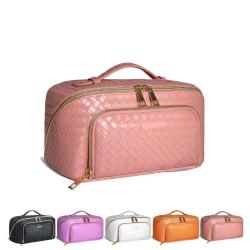 Customized Large Travel-Friendly Leather Cosmetic Bag with Strap Portable Waterproof Anti-Dust Opens Flat for Women Makeup Case