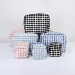 Keymay RTS Girls Cute Small Portable Cosmetic Storage Zipper Fabric Pouch Fall Winter Plaid Makeup Bag Tweed Cosmetic Bag Women