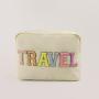 Low MOQ Stock Wholesale Travel Snacks Embroidered Letter Makeup Organizer Pouch Personalized Chenille Patches Pvc Cosmetic Bag