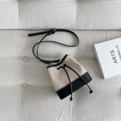 New Designer Women's Simple Drawstring Pleated Shoulder Bag Fashion Crossbody Bag Personality Splicing Canvas Bucket Handbag