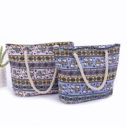 Gelory Elephant Pattern Large Capacity Zipper Beach Bag Women One Shoulder Tote Shopping Bag