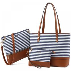 Lovevook fashion 3pcs handbag Set Stripes Style shoulder bag PU leather canvas ladies tote bags women handbags and purses 2023