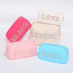 Keymay Stock Blue Waterproof Nylon Travel Chenille Towel Embroidery Patches logo Pink Small Mini Cosmetic Bags