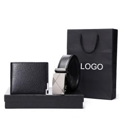 Premium Leather Men Wallet Belt Gift Set Custom Leather Automatic Buckle Belts Wallets with Gift Box Set for Men