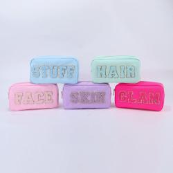 Keymay Multi-color Personalized Self-Adhensive Varsity Letter Patches Pouch Bag Cosmetic Nylon Cosmetic Bag Makeup Travel Bag