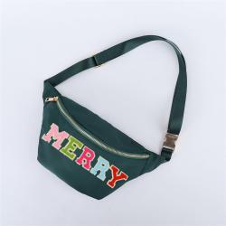 Keymay Pre-Sale Personalized Chenille Letter Patches Christmas Green Large Waist Bag Crossbody Bag Nylon Fanny Waist Pack