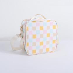 Keymay Factory Nylon Lunchboxes Checkered Printed Food Work Bag Students Kids Custom Design Logo Portable Cooler Lunch Bag