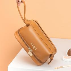 Custom Logo Double Layer Make up Pouch pu leather soft travel organizer beige cosmetic bag