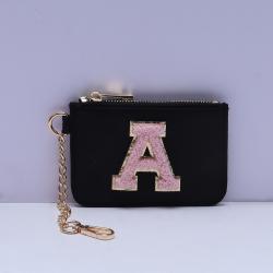 Keymay Popular Personalized Chenille Varsity Patch Card Holder Nylon Money Pouch Mini Nylon Wallet Keychain Coin Purse Wallet