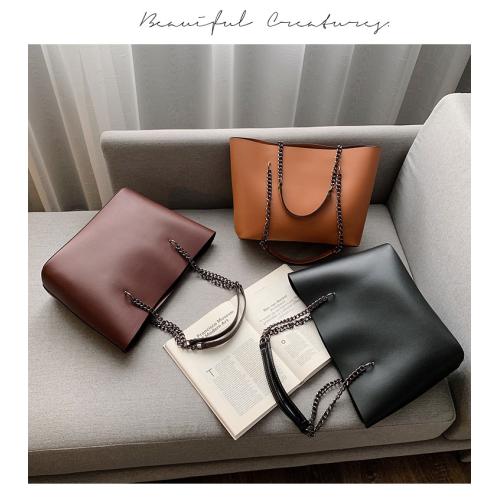 New Korean Fashion Lady Chains Tote Bag Pu Pure Color Stylish Shoulder Bag Handbag with Large Capacity for Women