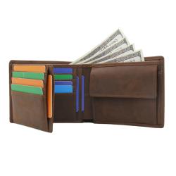 Hot sale quality trifold men purse, eco-friendly vintage leather big wallet bag with rfid protection