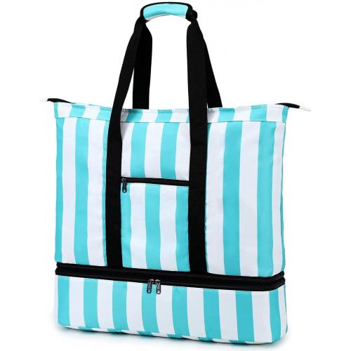 Blue Stripes Beach Tote Bag with Detachable Cooler Compartment Insulated Picnic Cooler Bag Pool Bag for Women
