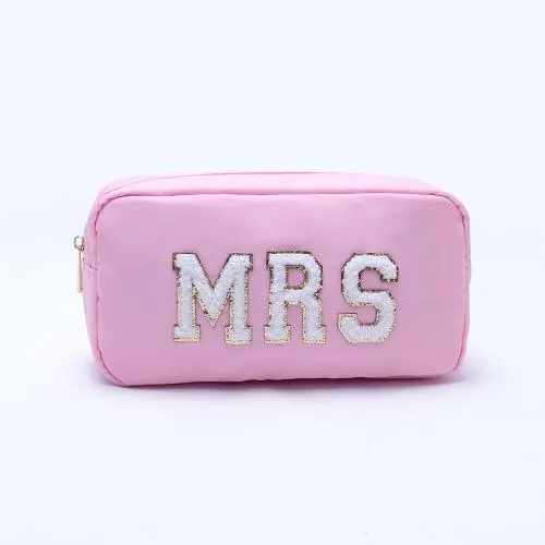 Keymay Stock No MOQ MRS Pouch Bride Makeup Bag with Zipper Valentine Gifts for Bride Monogram Chenille Letter Pochette Cosmetic