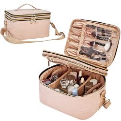 Double Layer Travel Makeup Bag with Strap Large Cosmetic Case Organizer Fits Bottles Vertically