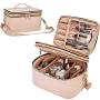 Double Layer Travel Makeup Bag with Strap Large Cosmetic Case Organizer Fits Bottles Vertically