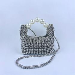 Custom logo French Retro Large Pearl Handle Ladies Woman Acrylic Pearl Beaded Handmade Wedding Clutch Hand Bags