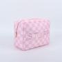 Keymay High Quality Embroidery Letter Patches Plaid Cherecked Custom Printed Cosmetic Bag Travel Organizer Pouch Bag Makeup